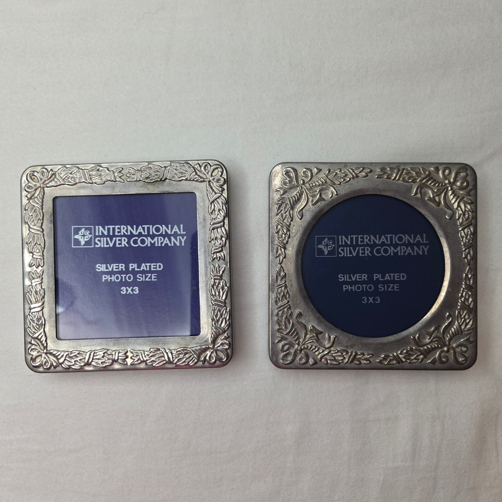 International Silver Company Silver Plated 3x3 Picture Frames Bows Set of 2